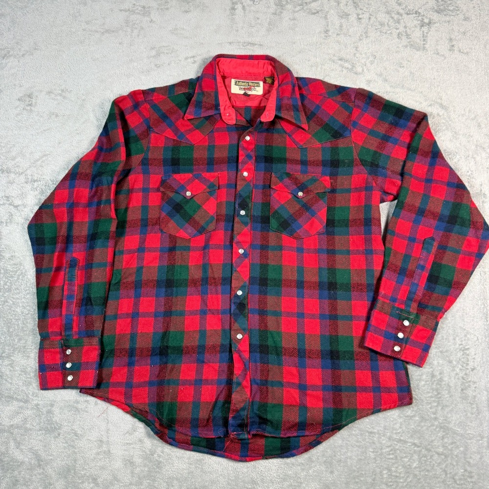 Vintage Authentic Western Mens L Youngbloods Plaid Snap Button Shirt Pearl Snaps